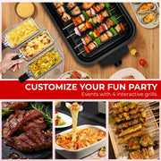 1500W 2-in-1 Electric Grill Pan, Non-Stick Smokeless BBQ Grill with Removable Plate, Adjustable Temp Control & 3 Raclette Pans for Home Kitchen Party