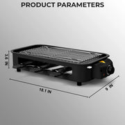 1500W 2-in-1 Electric Grill Pan, Non-Stick Smokeless BBQ Grill with Removable Plate, Adjustable Temp Control & 3 Raclette Pans for Home Kitchen Party