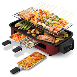 1500W 2-in-1 Electric Grill Pan, Non-Stick Smokeless BBQ Grill with Removable Plate, Adjustable Temp Control & 3 Raclette Pans for Home Kitchen Party