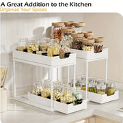 Double-Layer Pull-Out Kitchen Storage Rack, Non-Slip and Stable, Multifunctional Storage Box with Five Hooks, Under-Sink Brush Holder, Double-Layer Drawer Storage Rack, Suitable for Kitchen and Bathroom Countertop Sink Storag