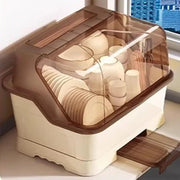 1 Pack Cream Dish Drying Rack with Lid Space Saving Dust Proof Kitchen Storage Box Utensil Organizer with Drainage Plate 14.2 X 11 X 11.4 Inch