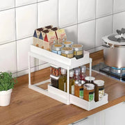 Double-Layer Pull-Out Kitchen Storage Rack, Non-Slip and Stable, Multifunctional Storage Box with Five Hooks, Under-Sink Brush Holder, Double-Layer Drawer Storage Rack, Suitable for Kitchen and Bathroom Countertop Sink Storag