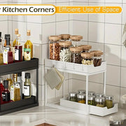 Double-Layer Pull-Out Kitchen Storage Rack, Non-Slip and Stable, Multifunctional Storage Box with Five Hooks, Under-Sink Brush Holder, Double-Layer Drawer Storage Rack, Suitable for Kitchen and Bathroom Countertop Sink Storag