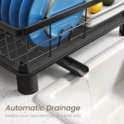 Dish Drying Rack - Space-Saving Dish Rack for Kitchen Counter, Stainless Steel Dish Drainer with Utensil Holder and Drainboard