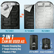 Double Sleeping Bag For Adults, 2 Person Sleeping Bags For Cold Weather & Warm, All Season Camping Hiking Backpacking, With Pillow