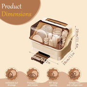 1 Pack Cream Dish Drying Rack with Lid Space Saving Dust Proof Kitchen Storage Box Utensil Organizer with Drainage Plate 14.2 X 11 X 11.4 Inch