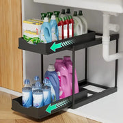 Double-Layer Pull-Out Kitchen Storage Rack, Non-Slip and Stable, Multifunctional Storage Box with Five Hooks, Under-Sink Brush Holder, Double-Layer Drawer Storage Rack, Suitable for Kitchen and Bathroom Countertop Sink Storag