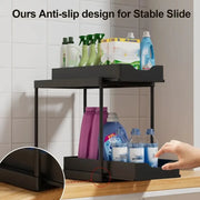 Double-Layer Pull-Out Kitchen Storage Rack, Non-Slip and Stable, Multifunctional Storage Box with Five Hooks, Under-Sink Brush Holder, Double-Layer Drawer Storage Rack, Suitable for Kitchen and Bathroom Countertop Sink Storag