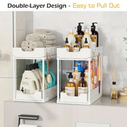 Double-Layer Pull-Out Kitchen Storage Rack, Non-Slip and Stable, Multifunctional Storage Box with Five Hooks, Under-Sink Brush Holder, Double-Layer Drawer Storage Rack, Suitable for Kitchen and Bathroom Countertop Sink Storag