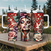 40oz Tumbler with Handle, Sugar Skull Half Face Woman Rose Floral Print Cup, Suitable for Hot And Cold Drinks, Ideal for Women Daily Use Outdoor Travel And Camping In All Seasons
