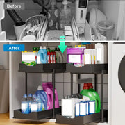 Double-Layer Pull-Out Kitchen Storage Rack, Non-Slip and Stable, Multifunctional Storage Box with Five Hooks, Under-Sink Brush Holder, Double-Layer Drawer Storage Rack, Suitable for Kitchen and Bathroom Countertop Sink Storag