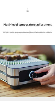 Stylish AMERZIS stainless steel electric grill for indoor and outdoor use, 110-130V American plug with temperature control and removable surface brush, ideal for cooking steaks and vegetables