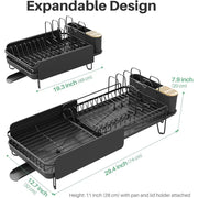 Large Expandable Dish Drying Rack, Kitchen Counter, 19.3-29.4 in, Black, Family Size, Adjustable Dividers, Pan, Lid & Cutting Bo