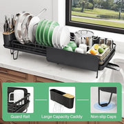 Large Expandable Dish Drying Rack, Kitchen Counter, 19.3-29.4 in, Black, Family Size, Adjustable Dividers, Pan, Lid & Cutting Bo