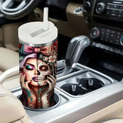 40oz Tumbler with Handle, Sugar Skull Half Face Woman Rose Floral Print Cup, Suitable for Hot And Cold Drinks, Ideal for Women Daily Use Outdoor Travel And Camping In All Seasons