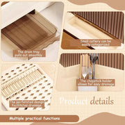 1 Pack Cream Dish Drying Rack with Lid Space Saving Dust Proof Kitchen Storage Box Utensil Organizer with Drainage Plate 14.2 X 11 X 11.4 Inch