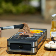 Stylish AMERZIS stainless steel electric grill for indoor and outdoor use, 110-130V American plug with temperature control and removable surface brush, ideal for cooking steaks and vegetables