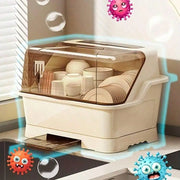 1 Pack Cream Dish Drying Rack with Lid Space Saving Dust Proof Kitchen Storage Box Utensil Organizer with Drainage Plate 14.2 X 11 X 11.4 Inch