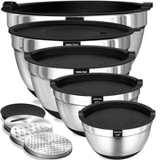 Mixing Bowls with Airtight Lids Set, 8PCS Stainless Steel Nesting Bowls Set, 3 Grater Attachments and Non-Slip Bottoms, Size 5,