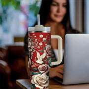 40oz Tumbler with Handle, Sugar Skull Half Face Woman Rose Floral Print Cup, Suitable for Hot And Cold Drinks, Ideal for Women Daily Use Outdoor Travel And Camping In All Seasons