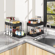 Double-Layer Pull-Out Kitchen Storage Rack, Non-Slip and Stable, Multifunctional Storage Box with Five Hooks, Under-Sink Brush Holder, Double-Layer Drawer Storage Rack, Suitable for Kitchen and Bathroom Countertop Sink Storag