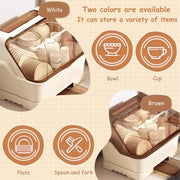 1 Pack Cream Dish Drying Rack with Lid Space Saving Dust Proof Kitchen Storage Box Utensil Organizer with Drainage Plate 14.2 X 11 X 11.4 Inch