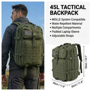 Men 45L Tactical Backpack Molle Bug Out Bag Survival Emergency Water Resistant Outdoor Hiking Camping Travel Rucksack Large Capacity EDC Everyday Carry Commuter Work School Laptop Daypack Trekking Cycling Durable Wear Resista