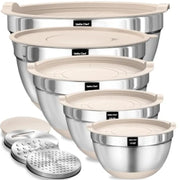 Mixing Bowls with Airtight Lids Set, 8PCS Stainless Steel Nesting Bowls Set, 3 Grater Attachments and Non-Slip Bottoms, Size 5,