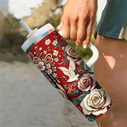 40oz Tumbler with Handle, Sugar Skull Half Face Woman Rose Floral Print Cup, Suitable for Hot And Cold Drinks, Ideal for Women Daily Use Outdoor Travel And Camping In All Seasons