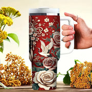 40oz Tumbler with Handle, Sugar Skull Half Face Woman Rose Floral Print Cup, Suitable for Hot And Cold Drinks, Ideal for Women Daily Use Outdoor Travel And Camping In All Seasons