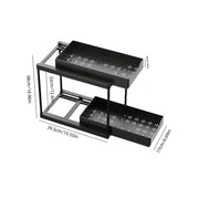 Double-Layer Pull-Out Kitchen Storage Rack, Non-Slip and Stable, Multifunctional Storage Box with Five Hooks, Under-Sink Brush Holder, Double-Layer Drawer Storage Rack, Suitable for Kitchen and Bathroom Countertop Sink Storag
