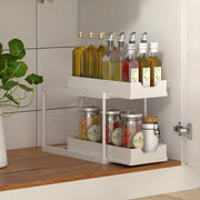 Double-Layer Pull-Out Kitchen Storage Rack, Non-Slip and Stable, Multifunctional Storage Box with Five Hooks, Under-Sink Brush Holder, Double-Layer Drawer Storage Rack, Suitable for Kitchen and Bathroom Countertop Sink Storag