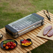 Stylish AMERZIS stainless steel electric grill for indoor and outdoor use, 110-130V American plug with temperature control and removable surface brush, ideal for cooking steaks and vegetables