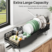 Large Expandable Dish Drying Rack, Kitchen Counter, 19.3-29.4 in, Black, Family Size, Adjustable Dividers, Pan, Lid & Cutting Bo