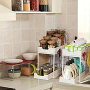 Double-Layer Pull-Out Kitchen Storage Rack, Non-Slip and Stable, Multifunctional Storage Box with Five Hooks, Under-Sink Brush Holder, Double-Layer Drawer Storage Rack, Suitable for Kitchen and Bathroom Countertop Sink Storag