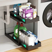 Double-Layer Pull-Out Kitchen Storage Rack, Non-Slip and Stable, Multifunctional Storage Box with Five Hooks, Under-Sink Brush Holder, Double-Layer Drawer Storage Rack, Suitable for Kitchen and Bathroom Countertop Sink Storag