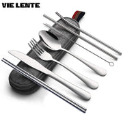8Pcs/set Tableware Reusable Travel Cutlery Set Camp Utensils Set with Stainless Steel Spoon Fork Chopsticks Straw Portable Case
