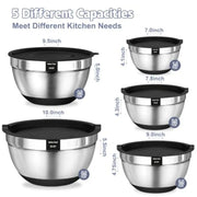Mixing Bowls with Airtight Lids Set, 8PCS Stainless Steel Nesting Bowls Set, 3 Grater Attachments and Non-Slip Bottoms, Size 5,
