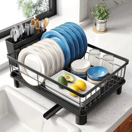 Dish Drying Rack - Space-Saving Dish Rack for Kitchen Counter, Stainless Steel Dish Drainer with Utensil Holder and Drainboard