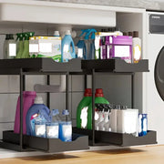 Double-Layer Pull-Out Kitchen Storage Rack, Non-Slip and Stable, Multifunctional Storage Box with Five Hooks, Under-Sink Brush Holder, Double-Layer Drawer Storage Rack, Suitable for Kitchen and Bathroom Countertop Sink Storag