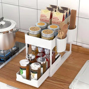 Double-Layer Pull-Out Kitchen Storage Rack, Non-Slip and Stable, Multifunctional Storage Box with Five Hooks, Under-Sink Brush Holder, Double-Layer Drawer Storage Rack, Suitable for Kitchen and Bathroom Countertop Sink Storag
