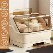 1 Pack Cream Dish Drying Rack with Lid Space Saving Dust Proof Kitchen Storage Box Utensil Organizer with Drainage Plate 14.2 X 11 X 11.4 Inch