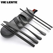 8Pcs/set Tableware Reusable Travel Cutlery Set Camp Utensils Set with Stainless Steel Spoon Fork Chopsticks Straw Portable Case