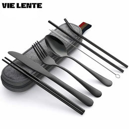8Pcs/set Tableware Reusable Travel Cutlery Set Camp Utensils Set with Stainless Steel Spoon Fork Chopsticks Straw Portable Case