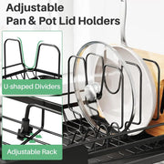 Large Expandable Dish Drying Rack, Kitchen Counter, 19.3-29.4 in, Black, Family Size, Adjustable Dividers, Pan, Lid & Cutting Bo