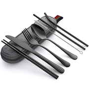8Pcs/set Tableware Reusable Travel Cutlery Set Camp Utensils Set with Stainless Steel Spoon Fork Chopsticks Straw Portable Case