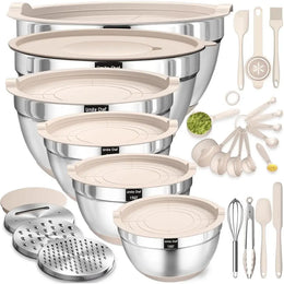 Mixing Bowls with Airtight Lids Set, 26PCS Stainless Steel Khaki Bowls with Grater Attachments, Non-Slip Bottom & Kitchen Gadget
