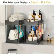 Double-Layer Pull-Out Kitchen Storage Rack, Non-Slip and Stable, Multifunctional Storage Box with Five Hooks, Under-Sink Brush Holder, Double-Layer Drawer Storage Rack, Suitable for Kitchen and Bathroom Countertop Sink Storag