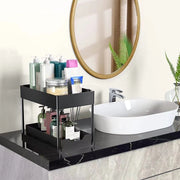 Double-Layer Pull-Out Kitchen Storage Rack, Non-Slip and Stable, Multifunctional Storage Box with Five Hooks, Under-Sink Brush Holder, Double-Layer Drawer Storage Rack, Suitable for Kitchen and Bathroom Countertop Sink Storag
