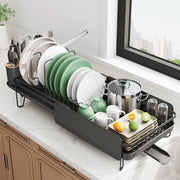 Large Expandable Dish Drying Rack, Kitchen Counter, 19.3-29.4 in, Black, Family Size, Adjustable Dividers, Pan, Lid & Cutting Bo